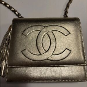 Chanel bag vintage CC bronze chain strap Classic Logo with tassel purse